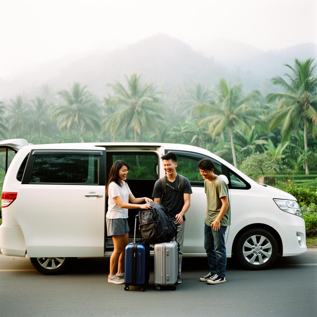 Group of friends loading luggage into a private minivan at a scenic Southeast Asian roadside at golden hour